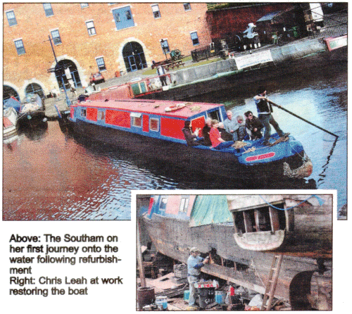 Above:The Southam on her first journey onto the water following refurbishment Right:Chris Leah at work restoring the boat