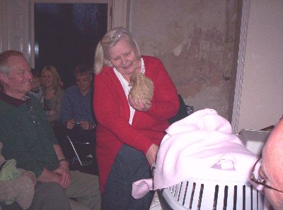Barbara brings out Snowy the albino hedgehog.